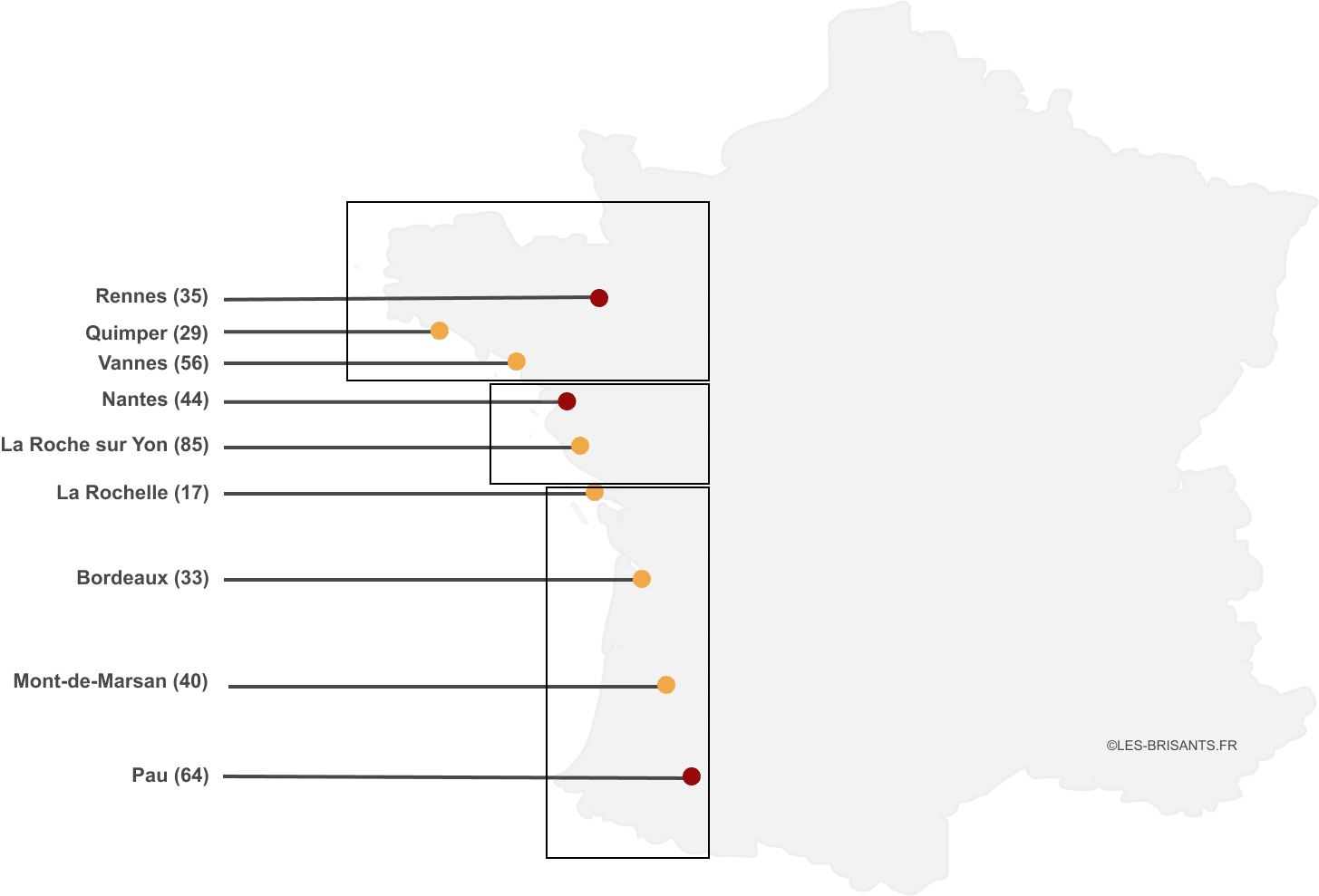 Carte côte Atlantique : Littoral, département, ville & station balnéaire