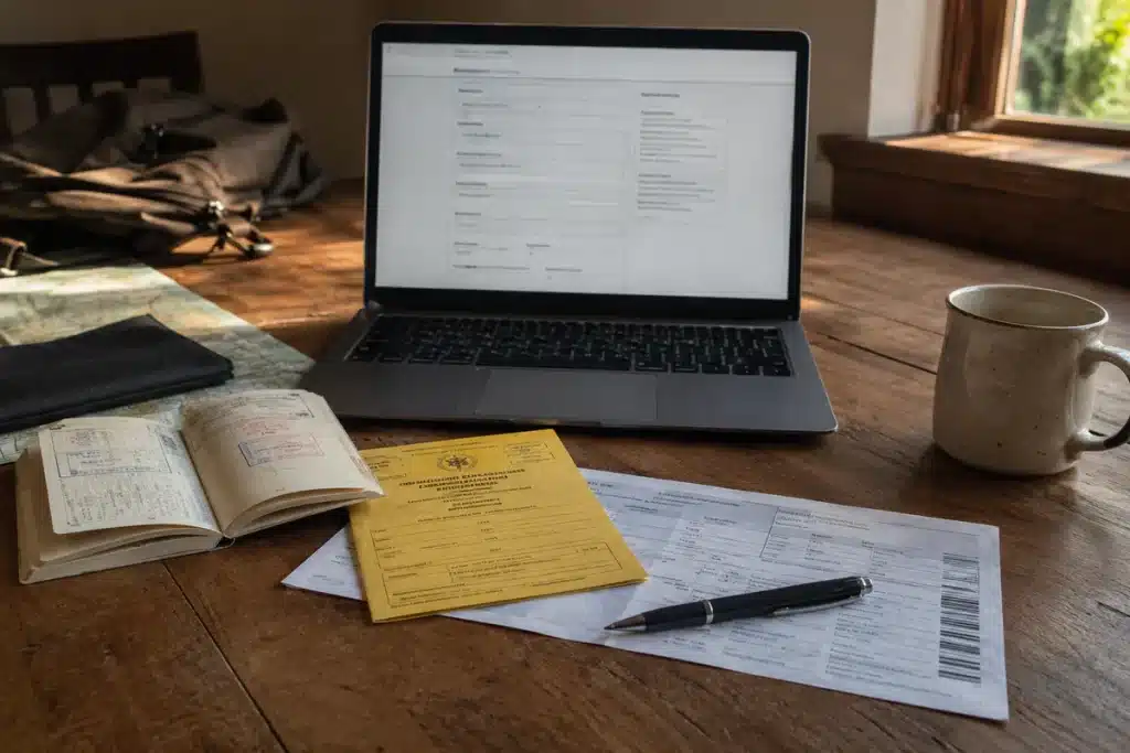 Ordinateur portable sur une table avec visa et documents pour la préparation d'un voyage en afrique de l'ouest