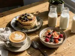 Table de brunch avec différents type de laits végétaux ainsi qu'un café et des pancakes