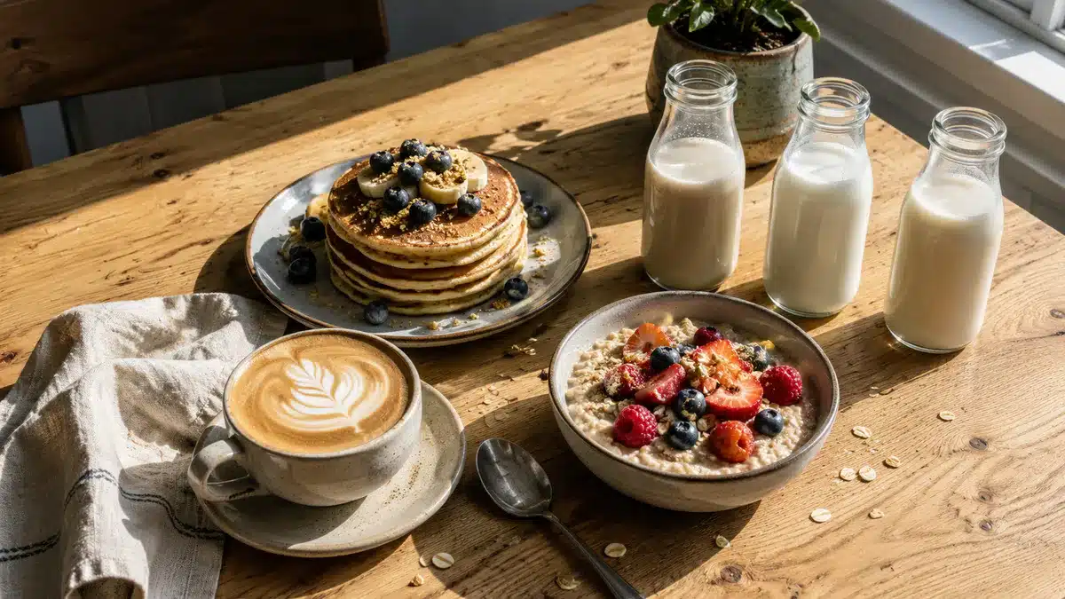 Table de brunch avec différents type de laits végétaux ainsi qu'un café et des pancakes