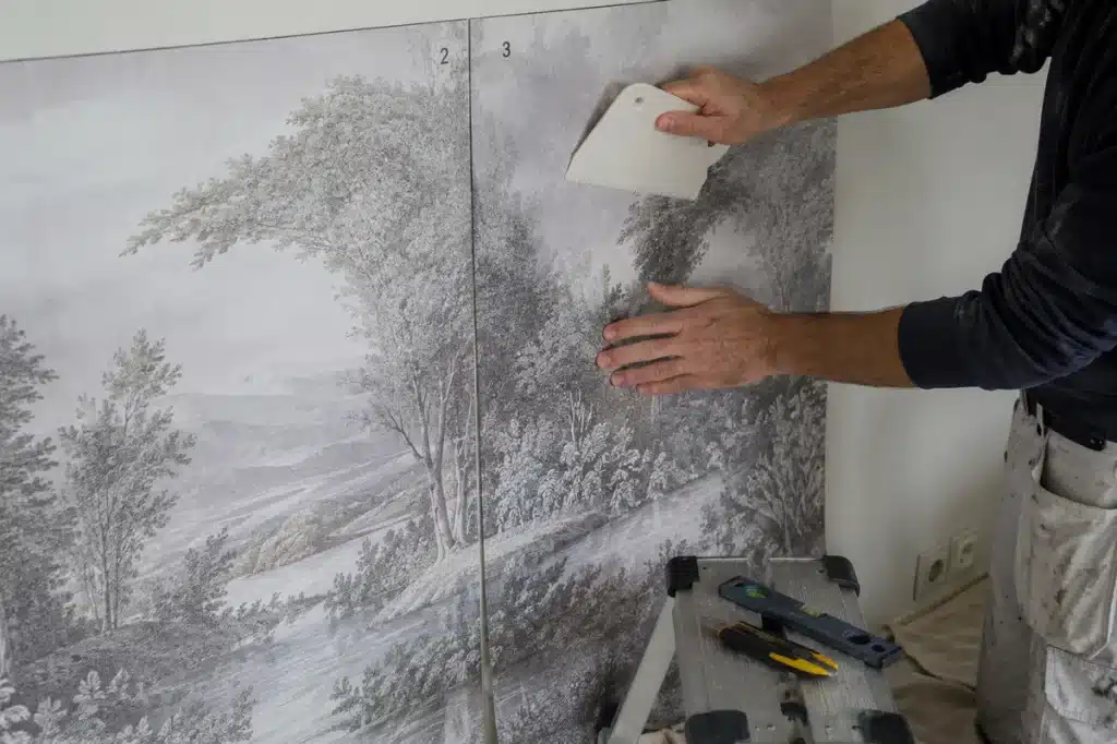 Homme posant un papier peint panoramique dans son salon
